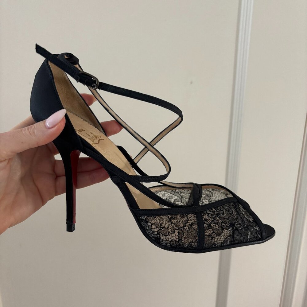 Christian Louboutin Vanitarita Crepe Satin Lace Trim Embellished Sandal